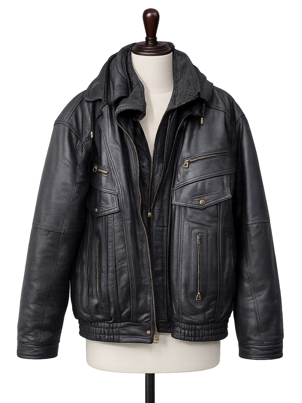 Men's Black Leather Bomber Jacket with Zip & Pocket Details